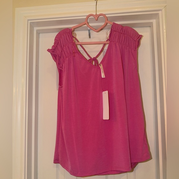 Dear Scarlett Tops - Dear Scarlett Pink Ruched Shoulder Tie-Back Blouse